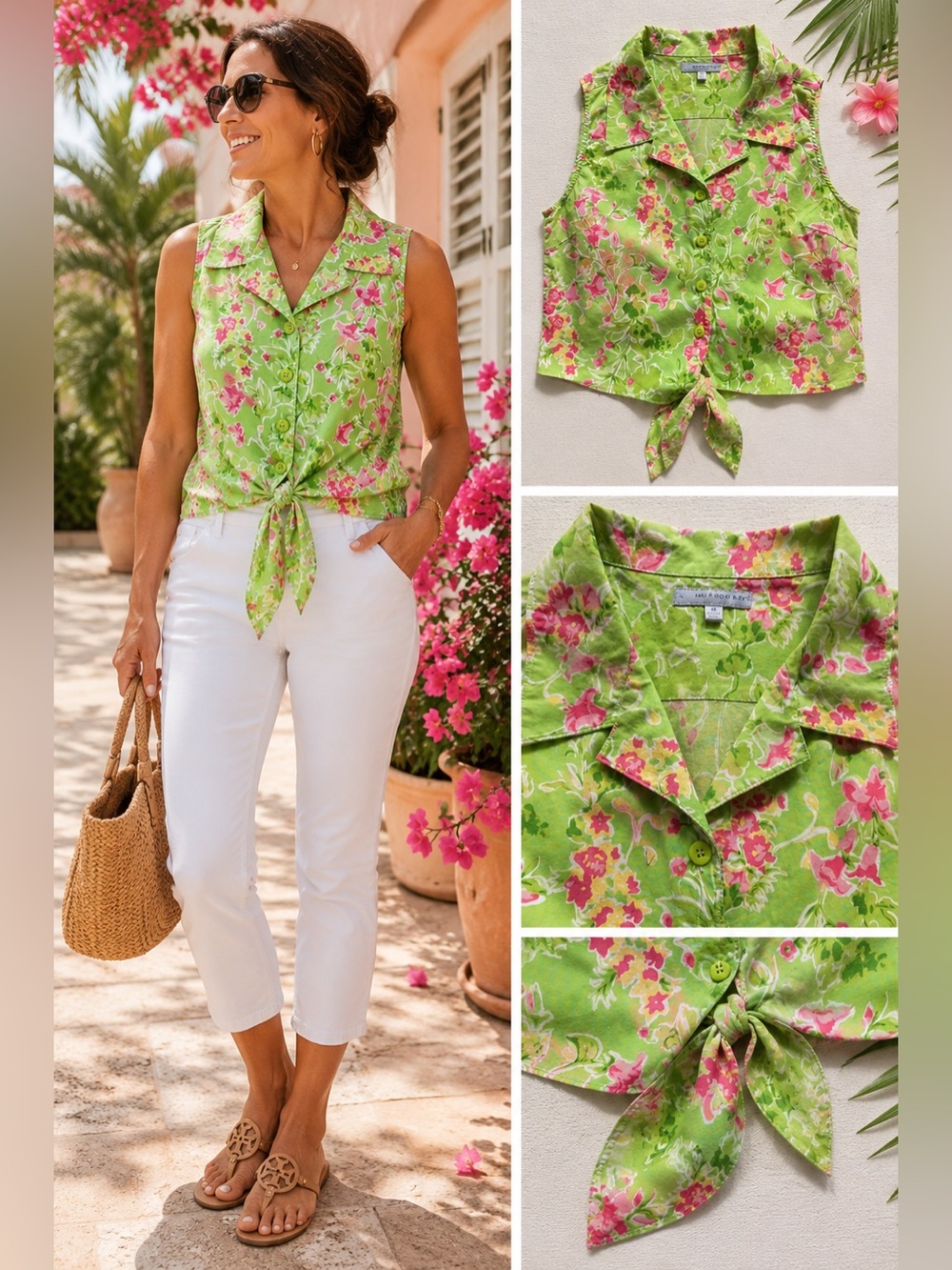 Half Moon Bay Size M Green Floral Tie Front Cotton Top Tropical Resort